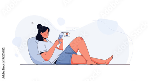 Woman Relaxing on Beanbag Chair Using Smartphone, Chatting Online