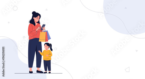 Mother and daughter shopping, woman using phone, family lifestyle, flat design illustration
