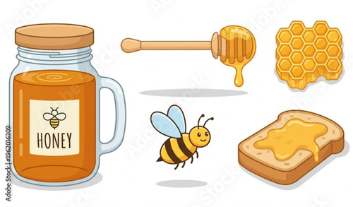 Honey Products Vector Set with Jar, Honeycomb, Bee and Dipper Flat Illustration