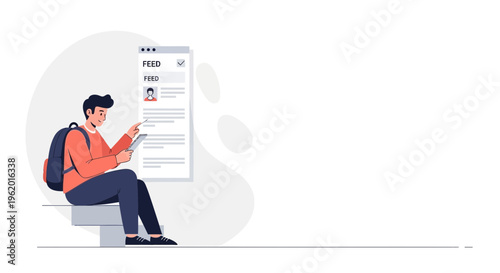 Young man with backpack using tablet to check social media feed on screen