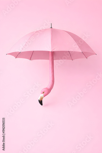 Pink umbrella with flamingo neck handle on pink background, surreal minimal summer concept
