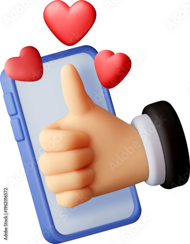 3D Hand showing thumb up with hearts on smartphone