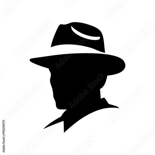Logo moda de caballero. Dibujo sencillo con la silueta de la cabeza de un hombre con sombrero de fieltro fedora, de perfil 