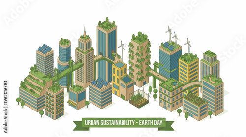 Sustainability City Skyline with Green Buildings and Renewable Energy