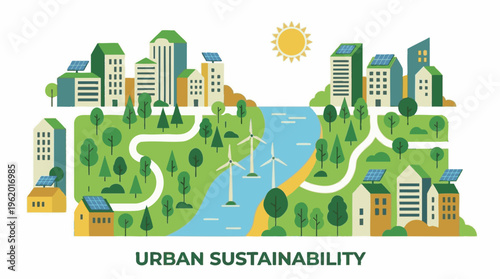 Urban Sustainability Concept with Green City Buildings and Solar Power