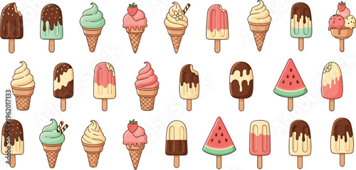 Ice cream collection with cones, popsicles and fruity desserts, sweet summer treats set for menu design, packaging and colorful vector illustration