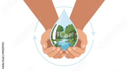 Conservation Hands Holding Water Droplet with Forest and Wildlife