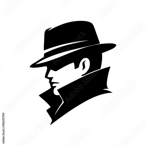 Logo moda de caballero. Dibujo sencillo de un hombre de perfil con sombrero de fieltro fedora y solapas del abrigo levantadas