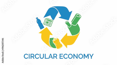 Circular Economy Concept Illustration with Recycling Arrows and Waste