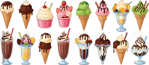 Ice cream desserts collection with sundaes, cones and milkshakes, sweet chocolate and fruit treats set for menu design, cafe illustration and colorful vector