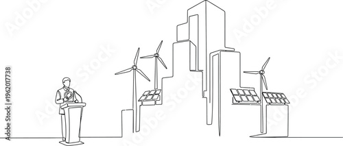 man standing near city buildings with wind turbines