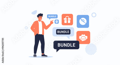 Man presenting bundle offers with icons for discount, digital product, and services