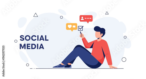 Man using smartphone for social media, likes, notifications, and checkmarks.