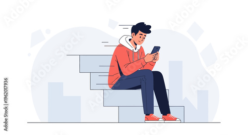 Young man sitting on steps using smartphone, modern flat illustration style