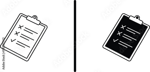 A checklist on a clipboard with a black and white design