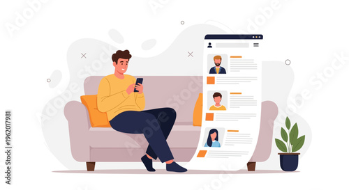 Man on couch using smartphone, browsing online profiles on a long screen