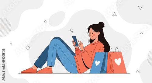 Woman Shopping Online Using Smartphone with Shopping Bags