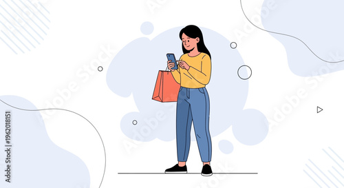 Woman with Shopping Bag Using Smartphone, Online Shopping Concept