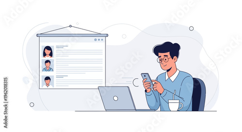 Man using smartphone at desk with laptop and resume board