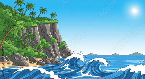 Tropical ocean waves crash on sandy beach with rocky cliff palm trees sunny day
