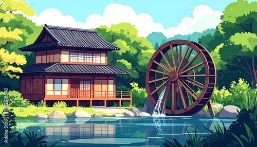 Traditional Japanese house with water wheel by serene pond