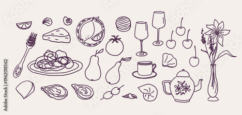 Food and drink line art style. Vector illustration imitated freehand. Set with oysters, pasta, wine glasses, seafood, fruits. Minimalist aesthetic sketches of gourmet kitchen. For menu, design, card