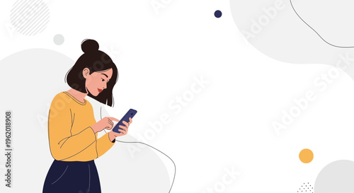 Woman in yellow sweater using smartphone, modern abstract background, minimalist design