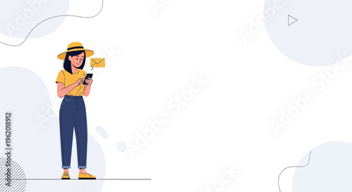 Woman in Hat Texting on Phone with Message Icon, Minimalist Background