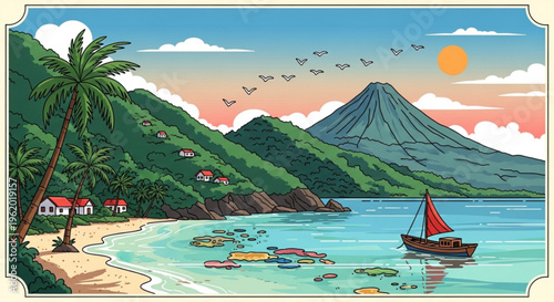 Tropical island beach scene with palm trees sailboat and volcanic mountain at sunset