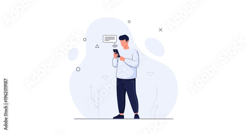 Man using smartphone for communication, digital message bubble, modern illustration