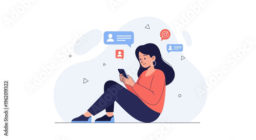 Young Woman Texting on Smartphone with Social Media Notifications Floating Above