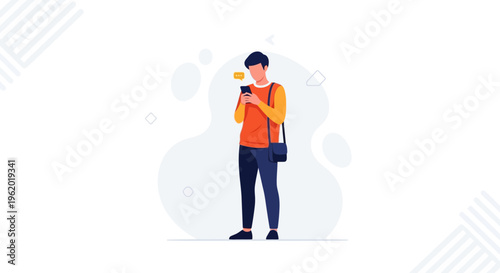 Young man texting on smartphone, modern flat illustration, communication concept