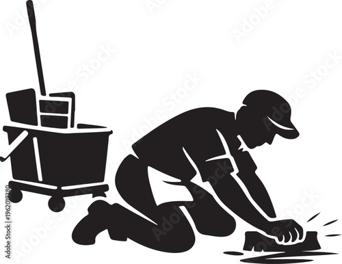 silhouette of cleaner mop bucket determined scrub