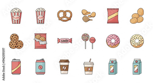 Assortment of Unhealthy Snacks and Beverages in Cartoon Style.