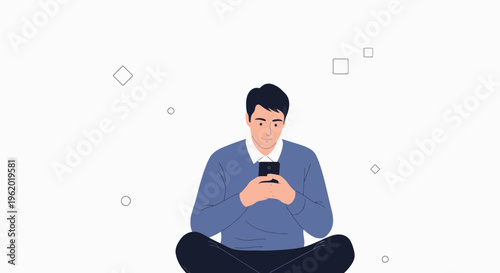 Man sitting cross-legged, looking at smartphone, surrounded by abstract shapes