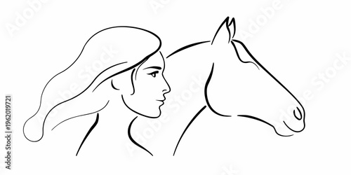 A delicate line drawing depicts a woman and a horse in profile