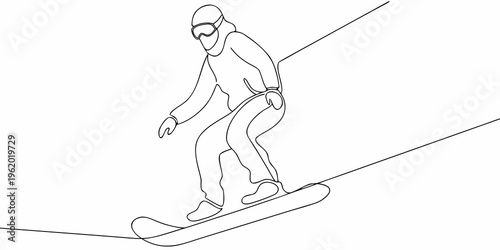 Line art depiction of a snowboarder dynamically carving down a snowy slope