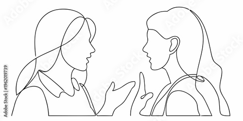 Two women facing each other in a continuous line art style