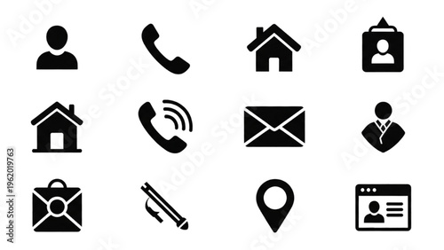 Vector icon sheet featuring business communication symbols and office supplies