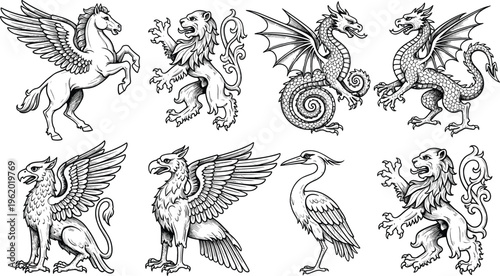 Mythical creatures collection with dragons, griffins, lions and winged beasts, detailed hand drawn vector illustration for fantasy, medieval and heraldic design projects