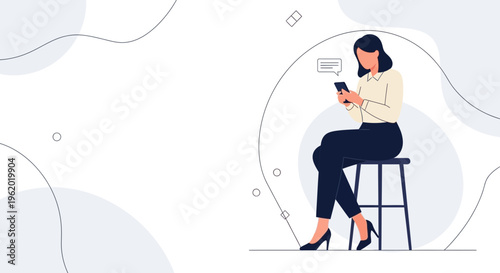 Woman sitting on stool, texting on smartphone, modern abstract background