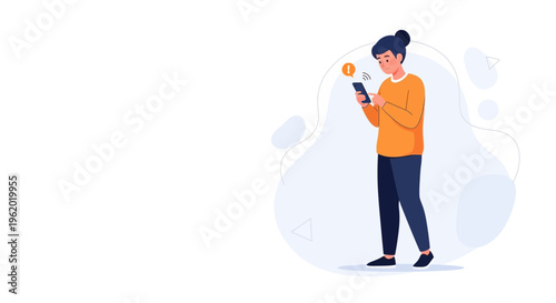 Woman with smartphone receiving notification, modern flat illustration