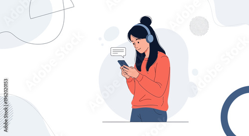 Young Woman Listening to Music on Headphones and Texting on Smartphone