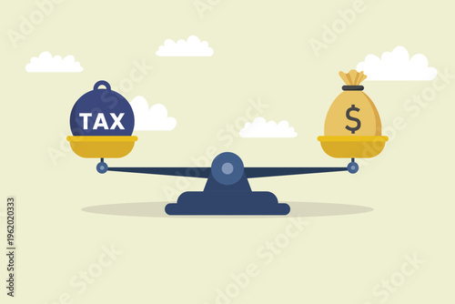 Scales balancing financial concept taxes and money bag. Financial burden and wealth management.