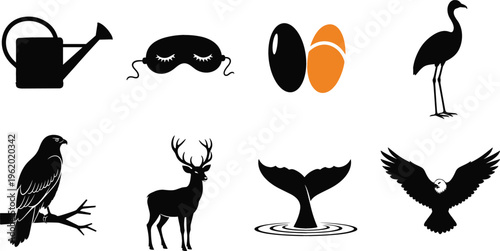 Black silhouette icons set with birds, deer, whale tail, watering can and sleep mask, vector illustration for nature, lifestyle and graphic design projects