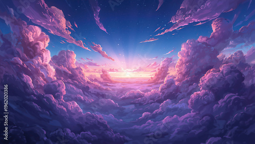 Vibrant digital artwork of a surreal sky with glowing purple, pink and blue clouds illuminated by radiant sunrise or sunset light in a dreamy atmospheric scene