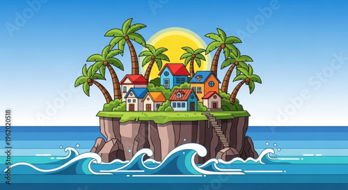 Colorful island with houses palm trees and waves under a sunny sky tropical paradise scene