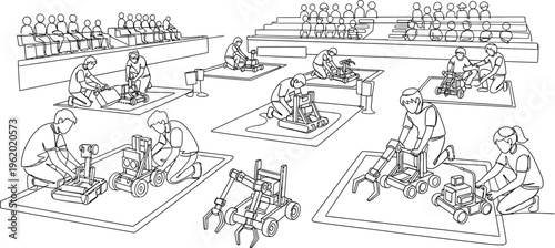 robots assembling on square platforms