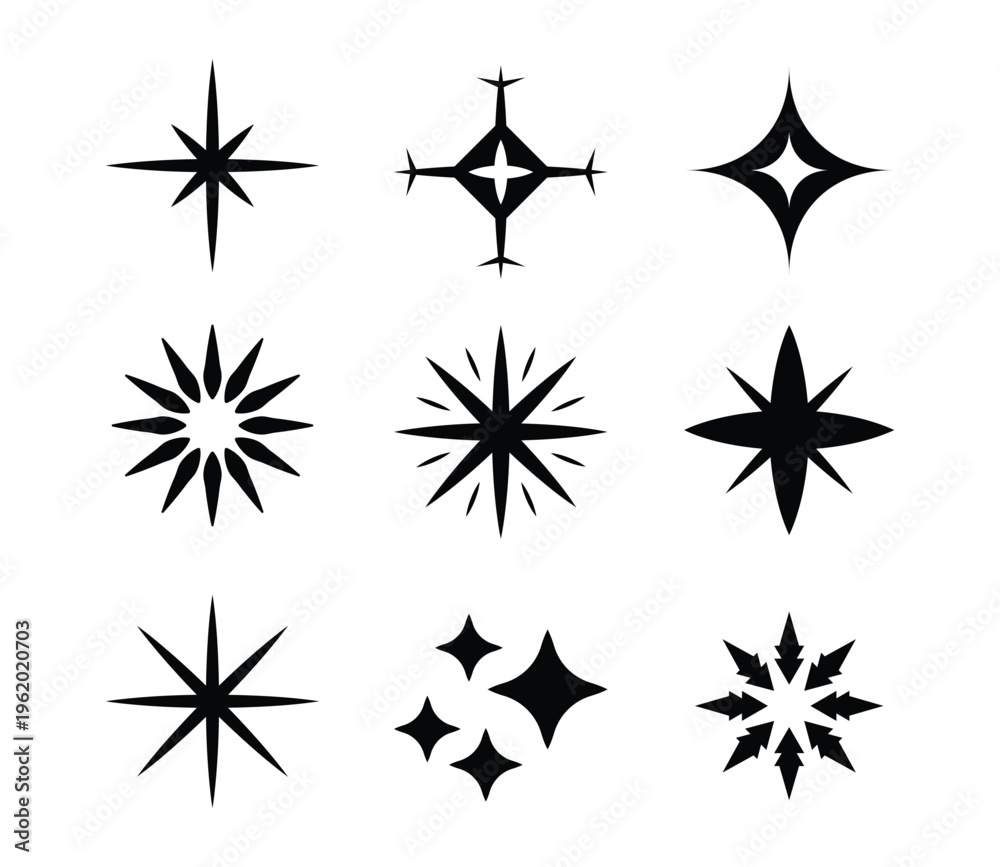 Fototapeta premium Black star sparkles set, decorative vector symbols for light, shine, and emphasis design