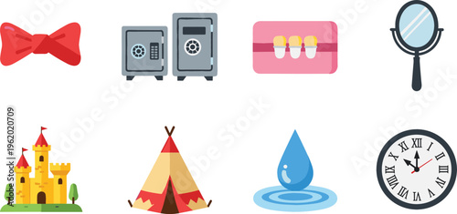 Colorful object icons set with bow, safes, ice cream box, mirror, castle, tent, water drop and clock, vector illustration for lifestyle, travel and design projects